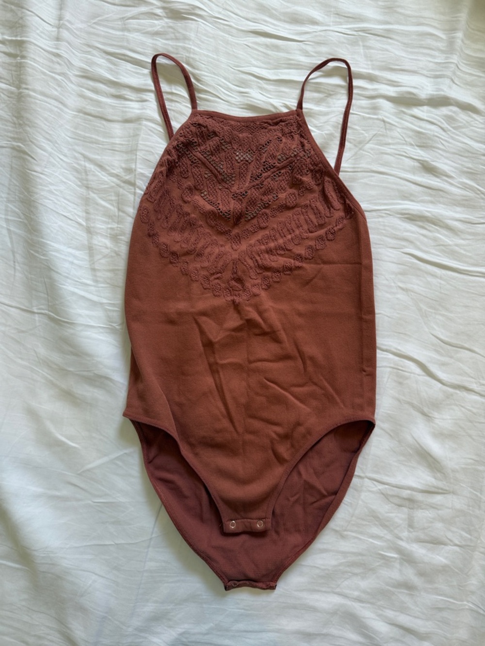 Free People Rust Brown Lace-Front Ribbed Bodysuit